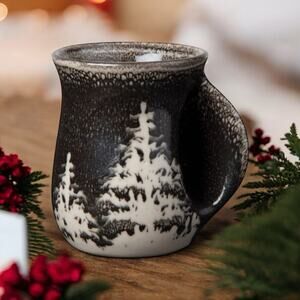 TAG Over Sized Black and white Pine tree Mug - Fin Like Handle - Heavy Glaze